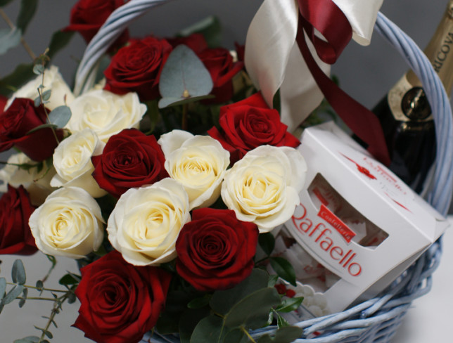 Basket with Red and White Roses, Raffaello, and Cricova Prestige White Brut Champagne photo